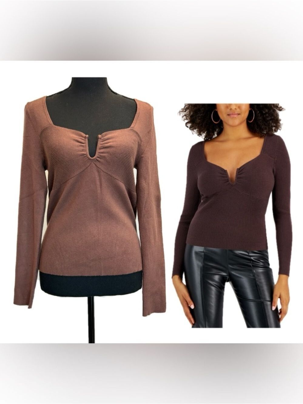 Lucy Paris Ribbed Long Sleeve V-Neck Pullover sweater Cocoa Brown Sz L NWOT